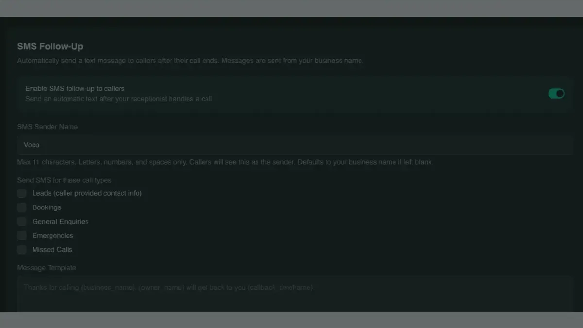 SMS follow-up notification from Voco AI receptionist showing automatic text message sent to caller after a call